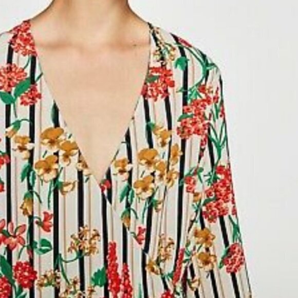 ZARA Multi color Blouse cache Flowers Wrap Striped - Picture 2 of 12